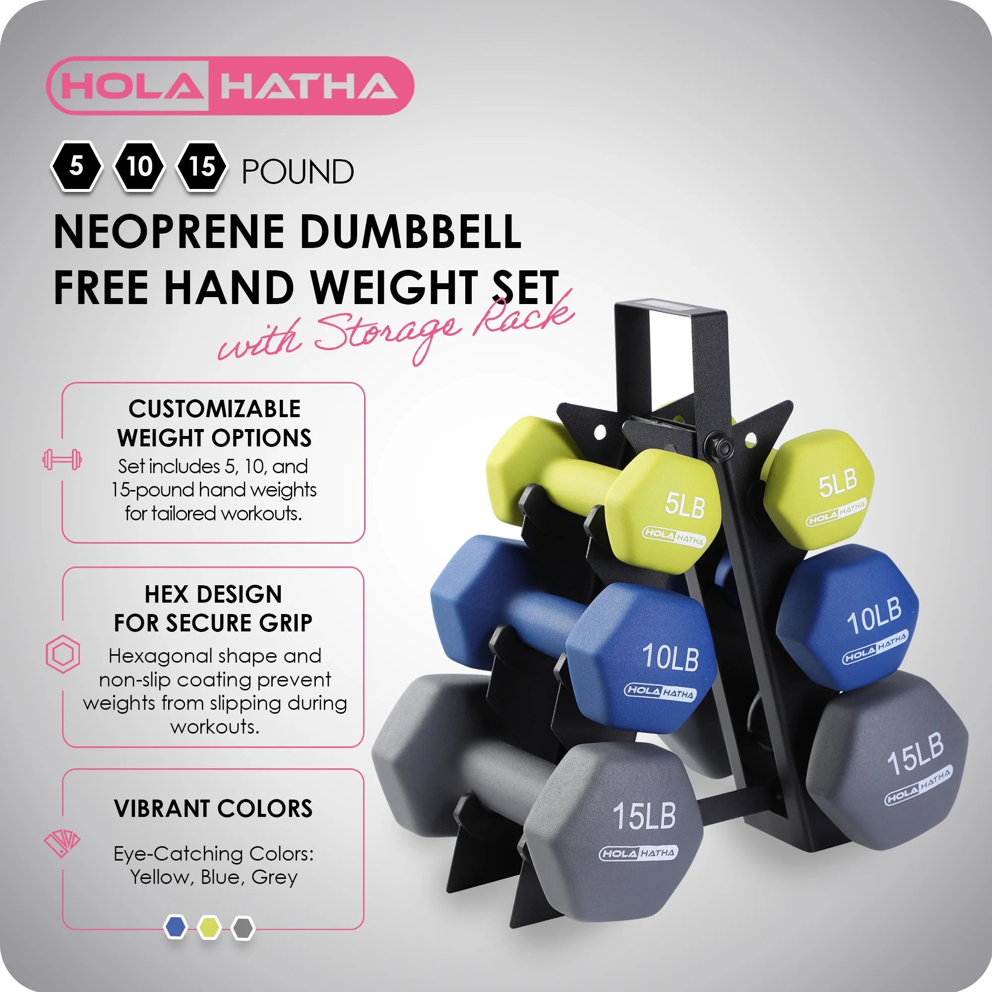 Neoprene Dumbbell Weight Set with Rack - Available in 5, 10, and 15 Pounds