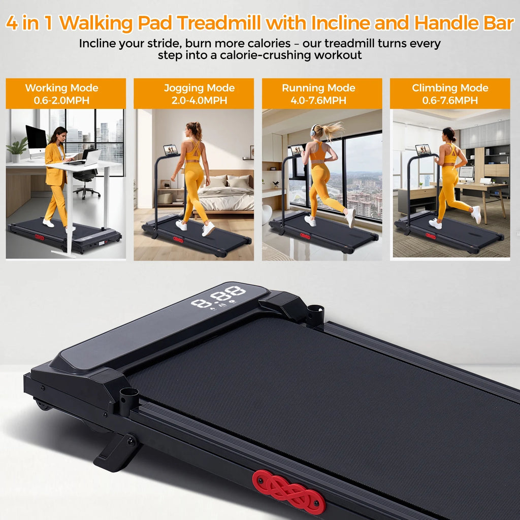 Walking Pad Treadmill with Handles for Home Workouts,Portable Compact Treadmills under Desk Walking Pads with LED Display,350Lbs Capacity