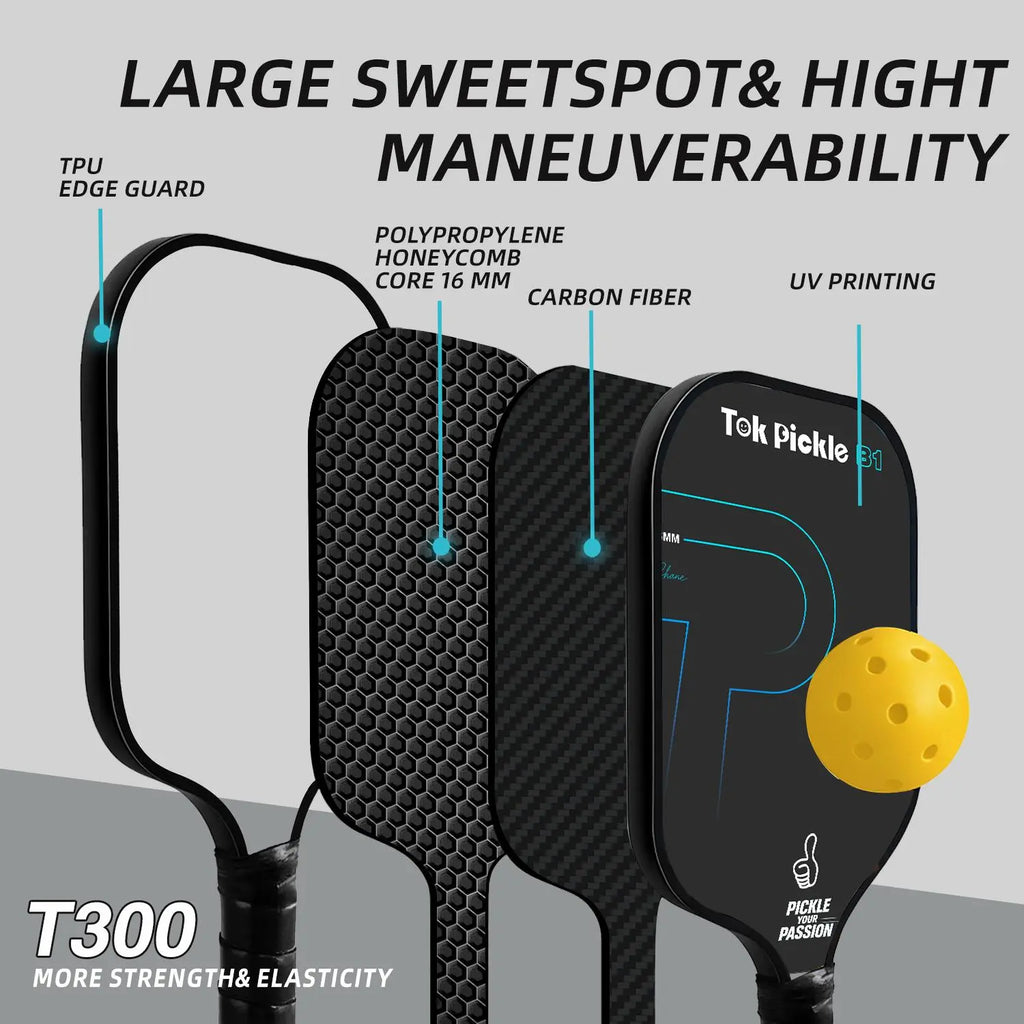 Tok Pickle T300 Carbon Fiber Pickleball Paddle Set - 2 Paddles, Wide Body, Large Sweet Spot, 4 Balls, Carry Bag, for Beginners & Family Players