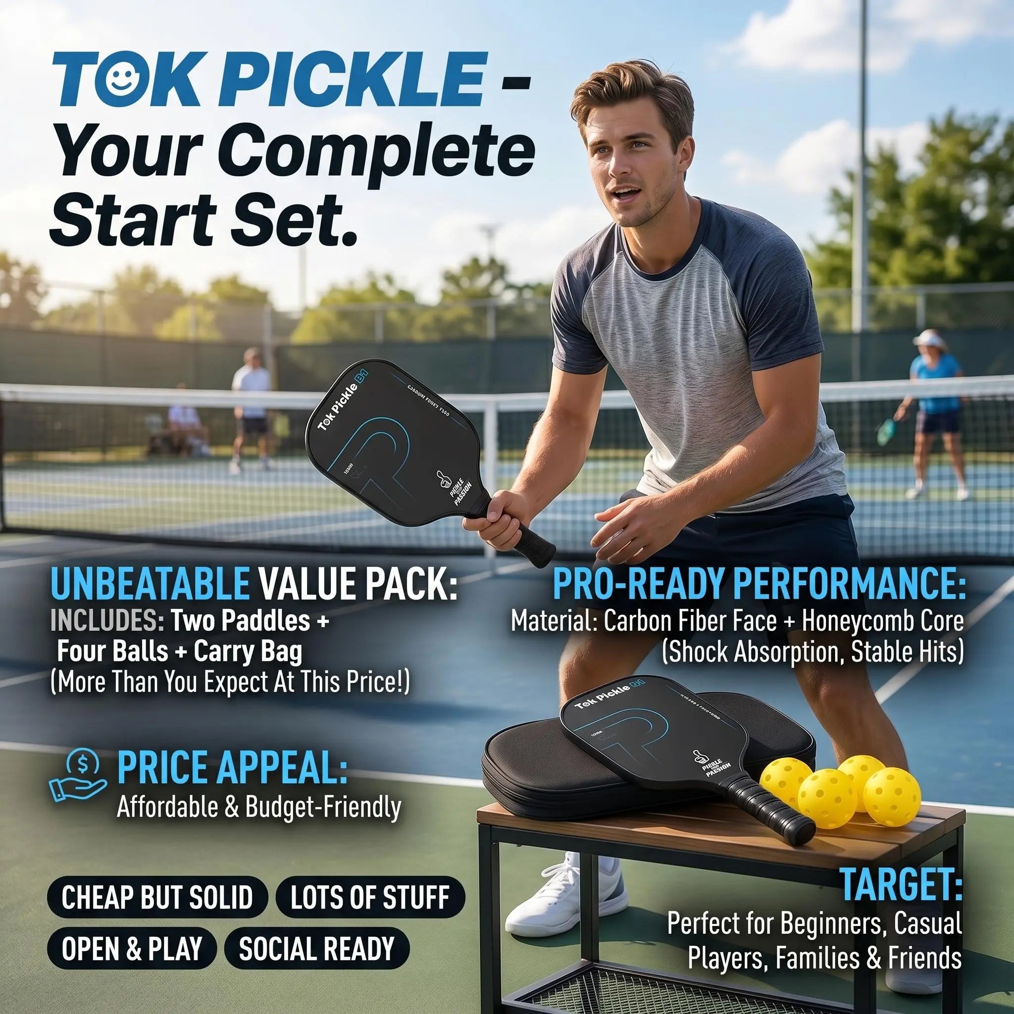Tok Pickle T300 Carbon Fiber Pickleball Paddle Set - 2 Paddles, Wide Body, Large Sweet Spot, 4 Balls, Carry Bag, for Beginners & Family Players
