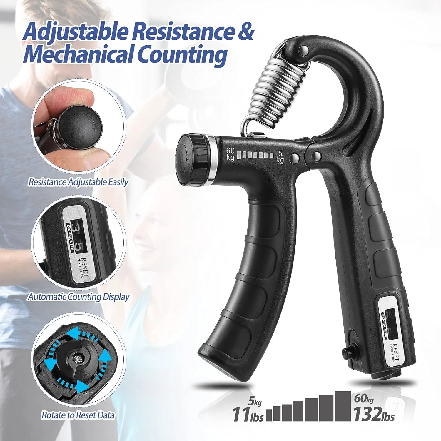 Dual Pack Adjustable Grip Strength Trainer with Counter, Ergonomic Hand Grip Strengthener, Resistance Range 11-132Lbs (5-60Kg), Non-Slip Design, Ideal for Athletes and Hand Rehabilitation