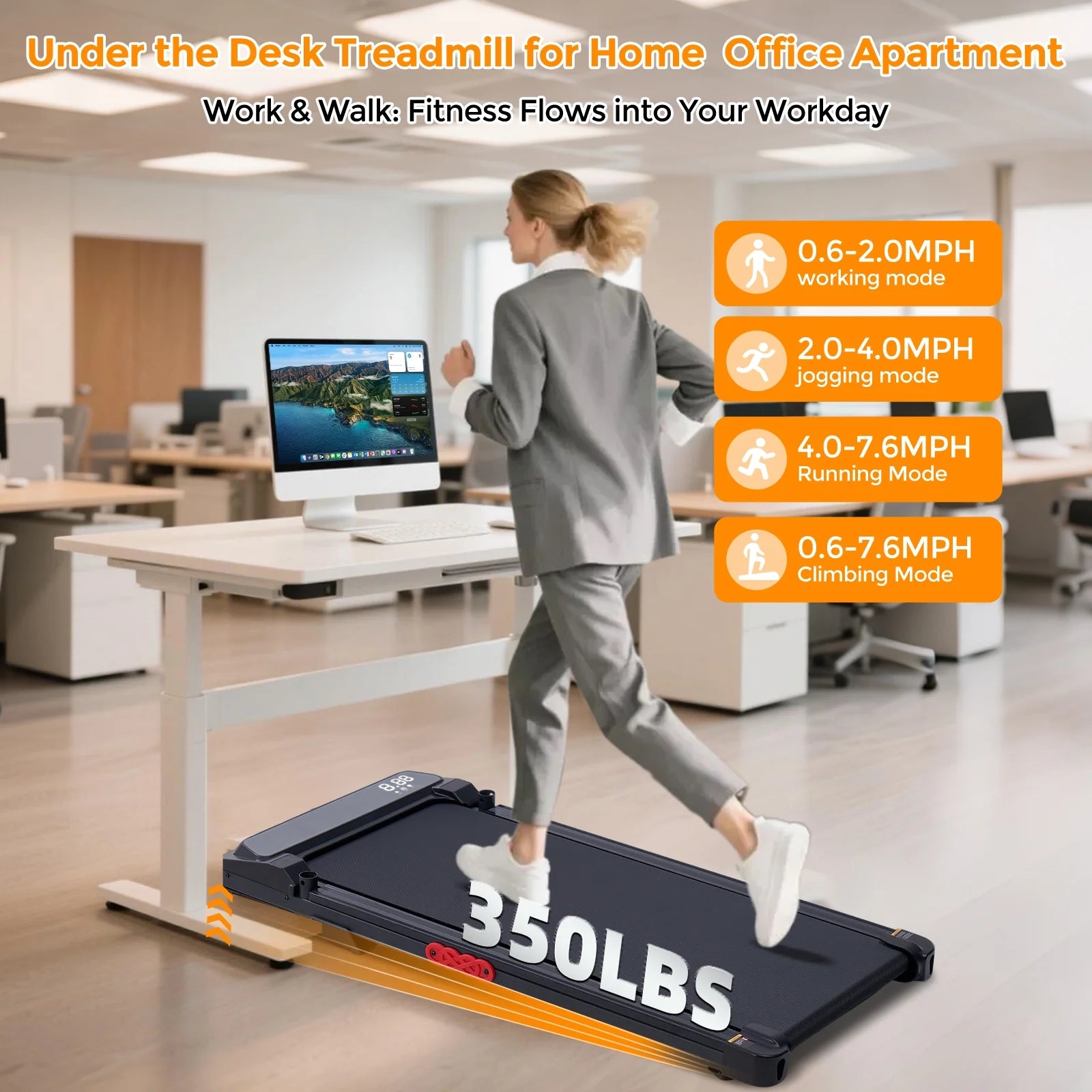 Walking Pad Treadmill with Handles for Home Workouts,Portable Compact Treadmills under Desk Walking Pads with LED Display,350Lbs Capacity