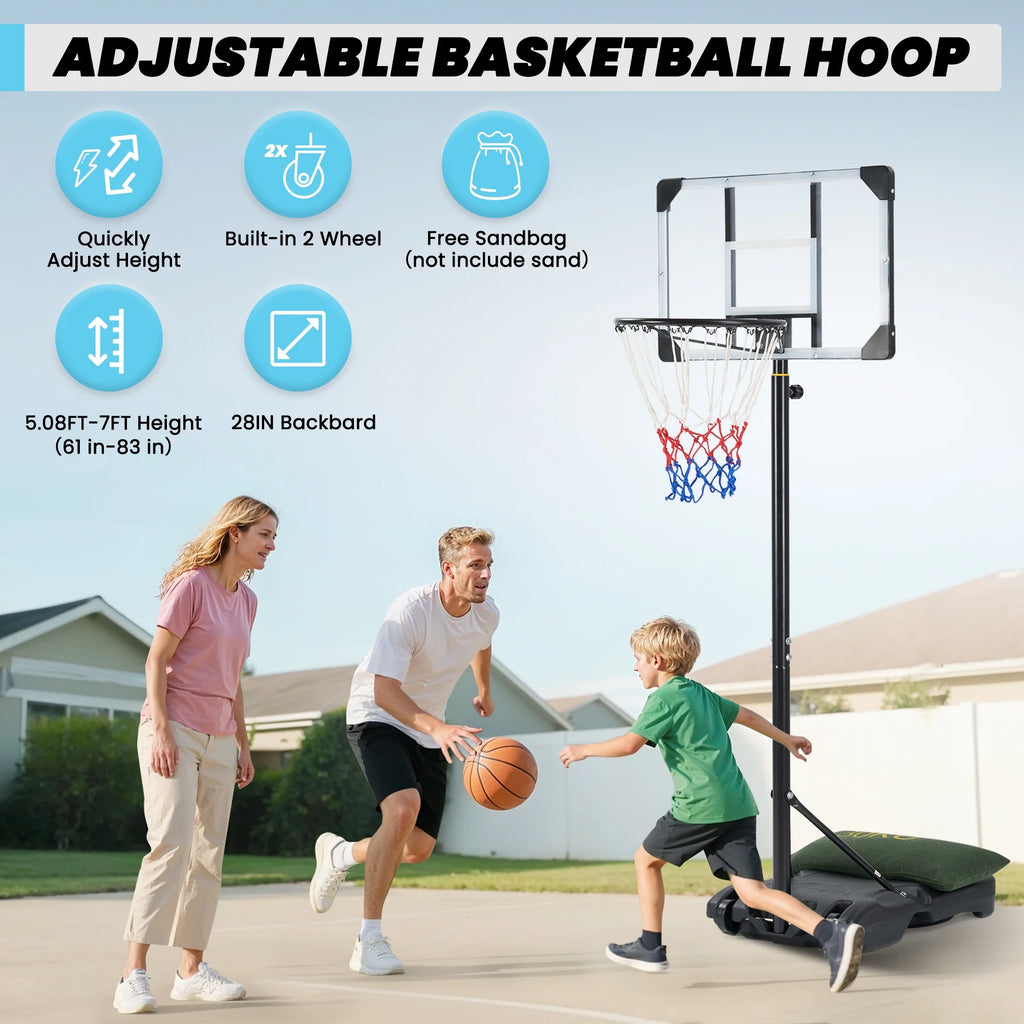 Height Adjustable 28-Inch Basketball Hoop System for Indoor and Outdoor Use, Ranging from 5.1 to 7 Feet, Suitable for All Ages