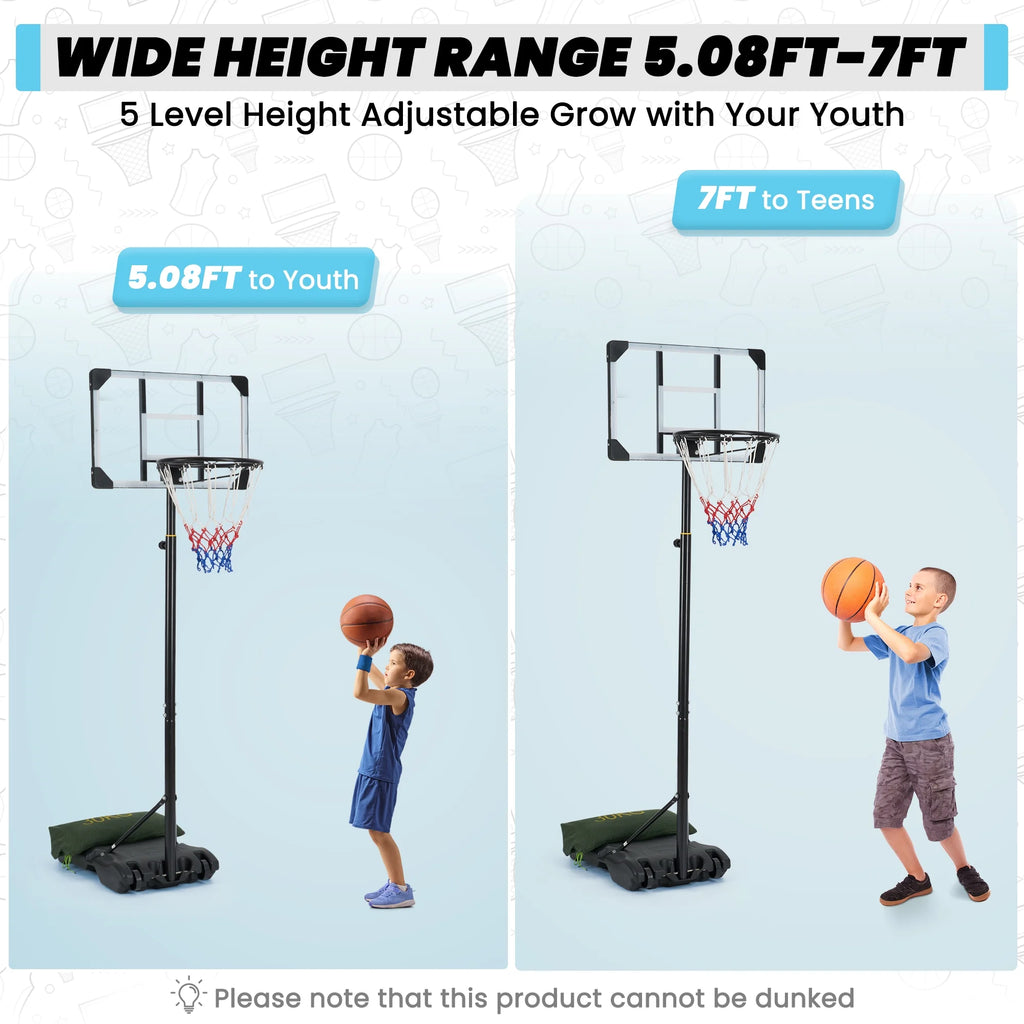 Height Adjustable 28-Inch Basketball Hoop System for Indoor and Outdoor Use, Ranging from 5.1 to 7 Feet, Suitable for All Ages