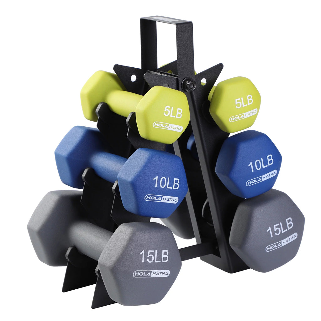 Neoprene Dumbbell Weight Set with Rack - Available in 5, 10, and 15 Pounds